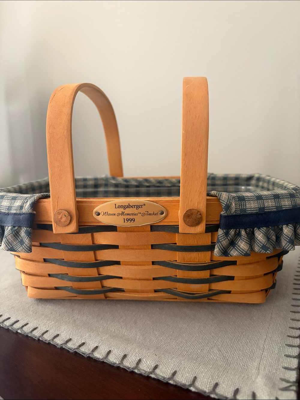 Longaberger Natural Wood Basket with Blue Plaid Liner